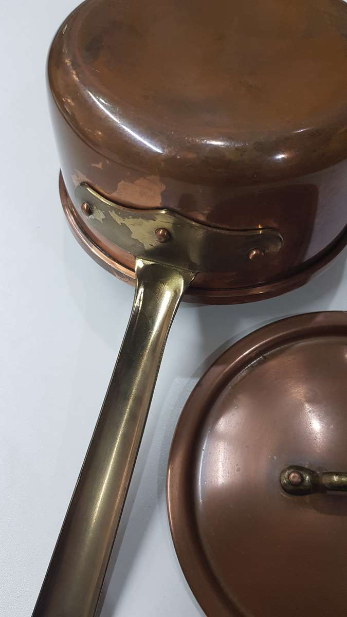 Vintage Copper Cookware. Small Metal Copper and Brass Saucepan with long handle and lid.