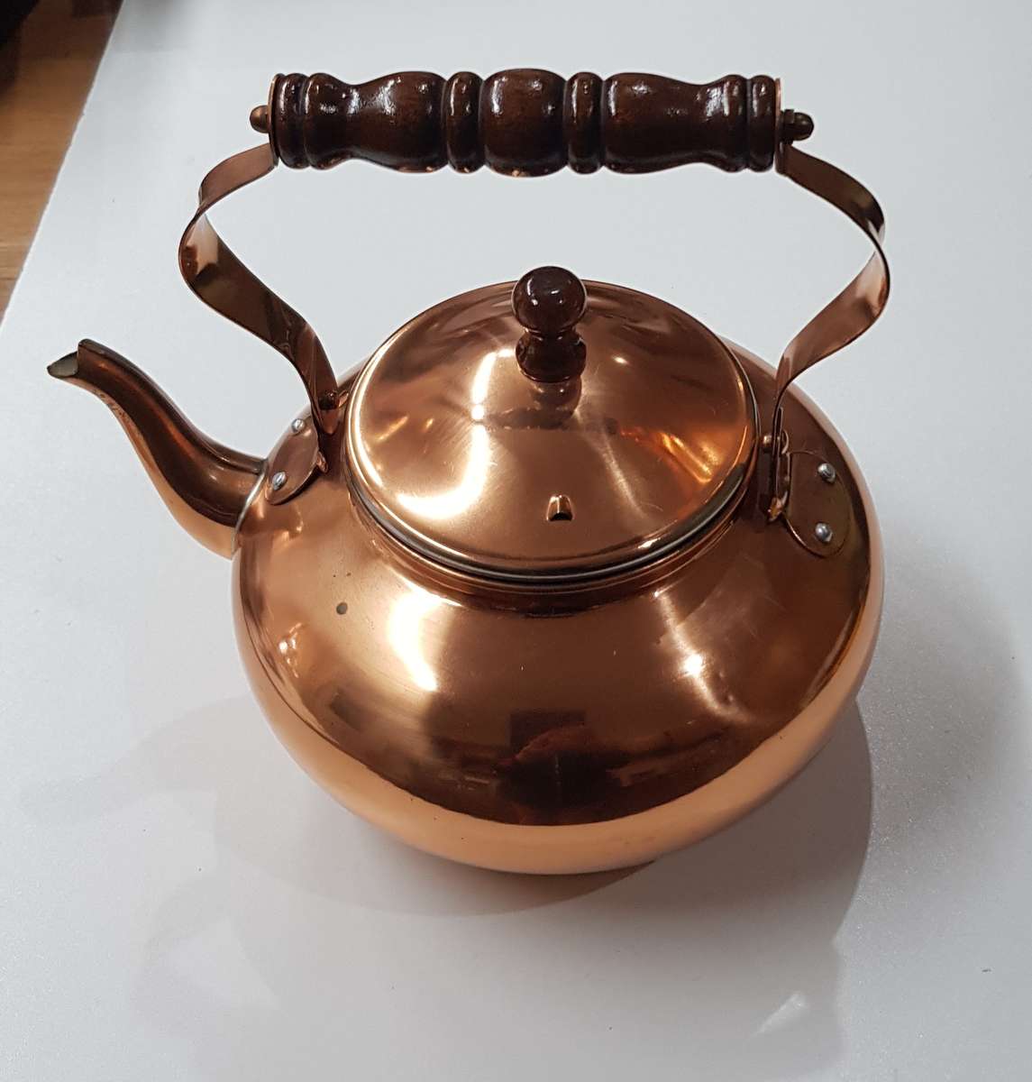 Vintage Metal Copper plated Kettle with handle, spout and lid.