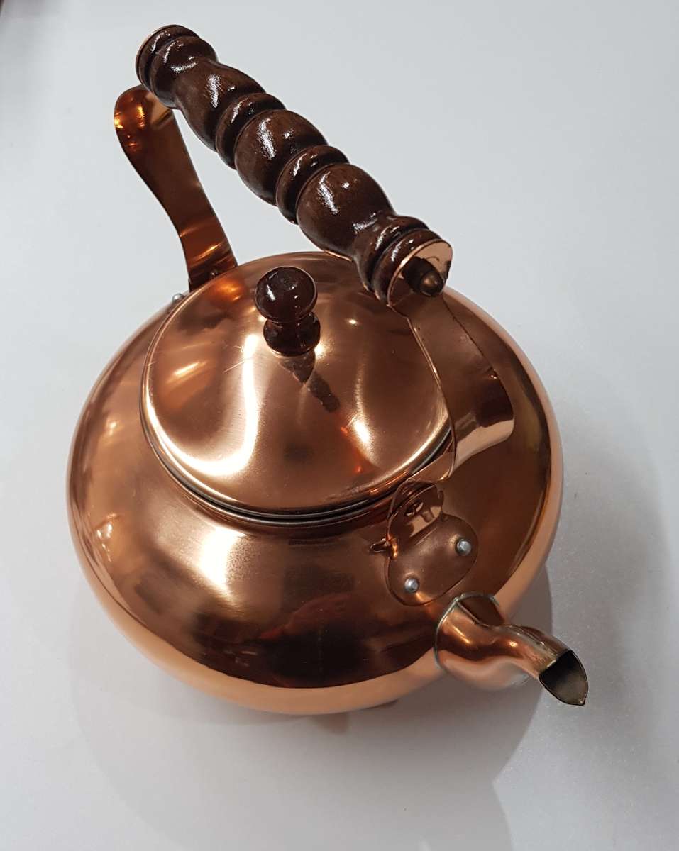 Vintage Metal Copper plated Kettle with handle, spout and lid.