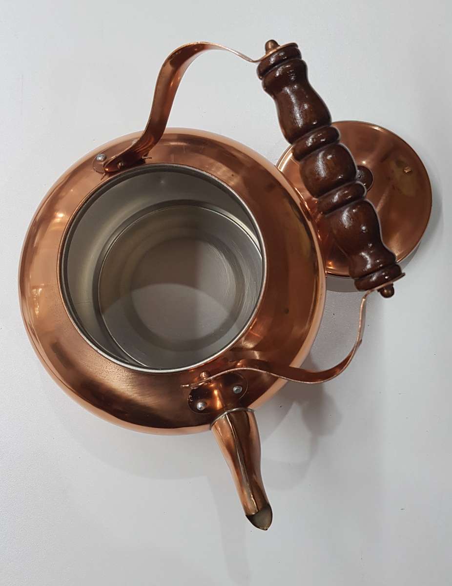 Vintage Metal Copper plated Kettle with handle, spout and lid.