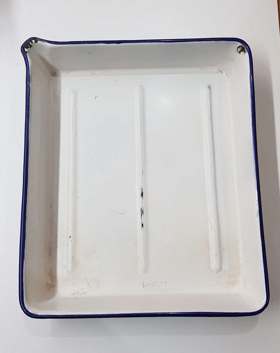 Vintage Enamel White with Blue trim Tray with lip for Photography.