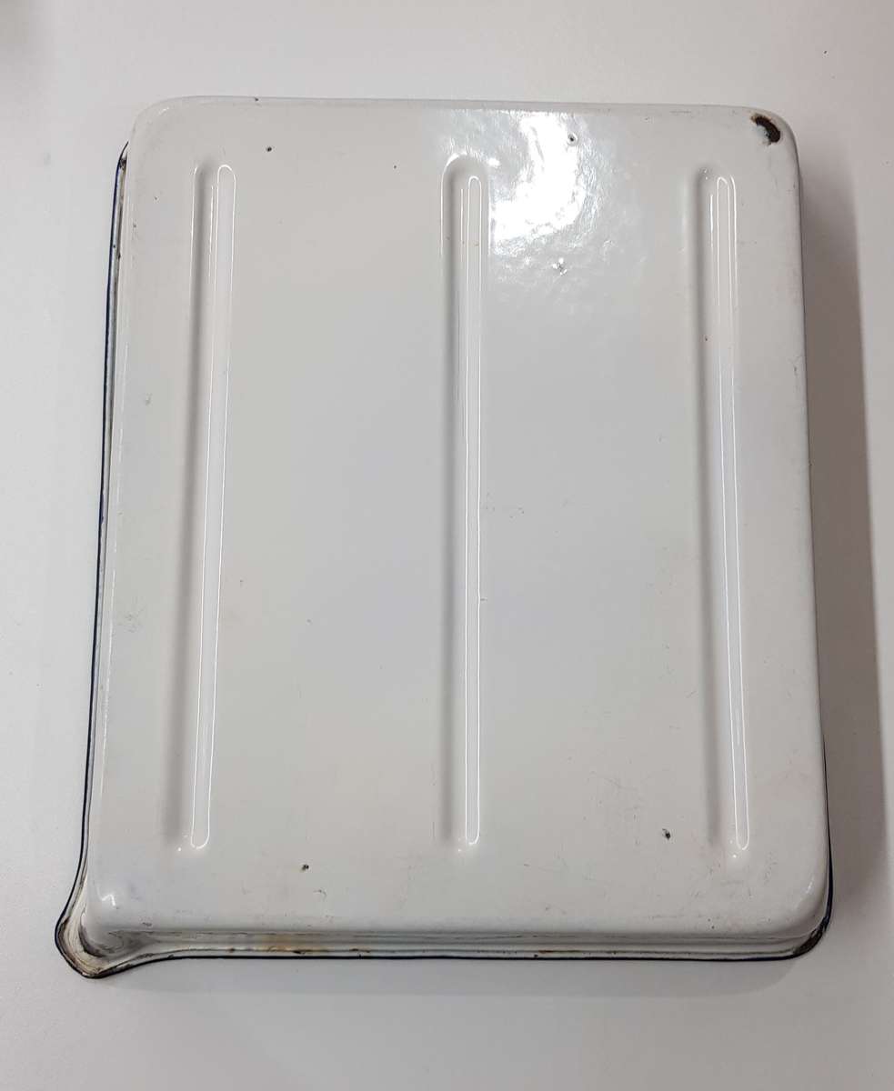 Vintage Enamel White with Blue trim Tray with lip for Photography.