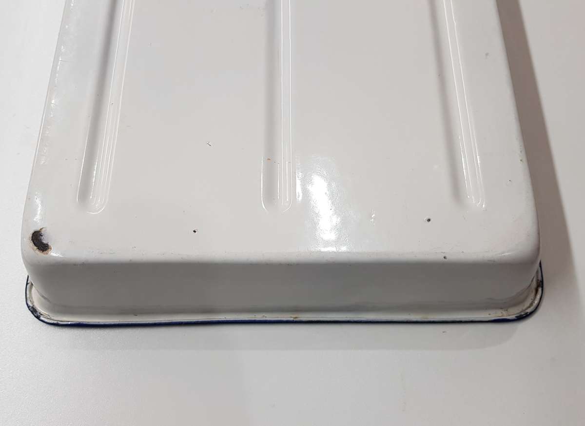 Vintage Enamel White with Blue trim Tray with lip for Photography.