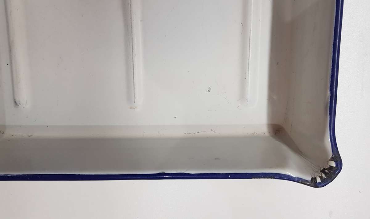 Vintage Enamel White with Blue trim Tray with lip for Photography.