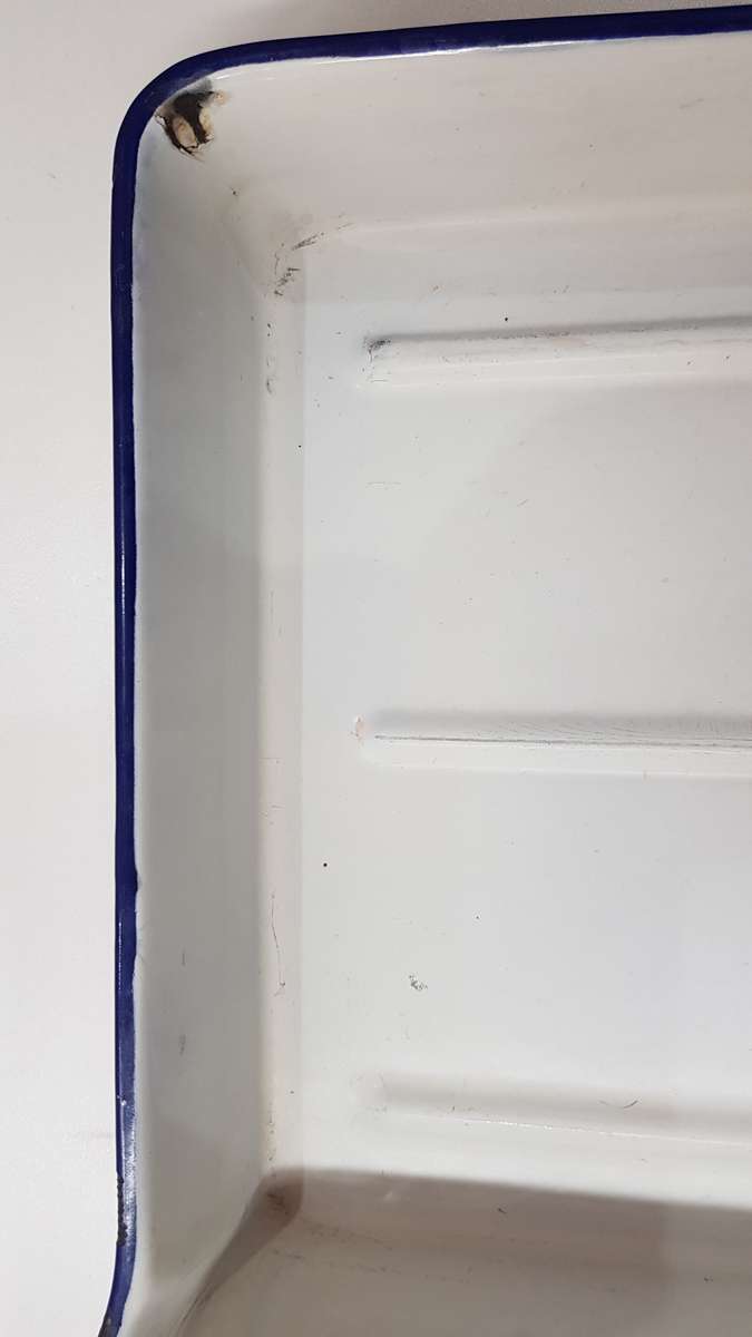 Vintage Enamel White with Blue trim Tray with lip for Photography.