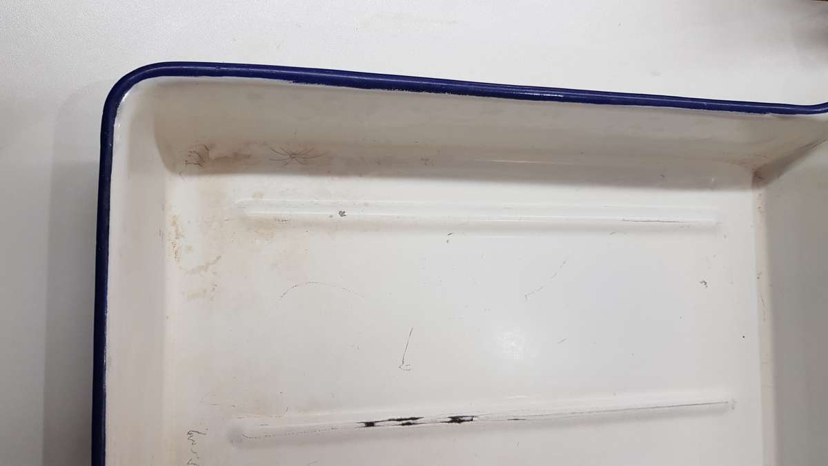 Vintage Enamel White with Blue trim Tray with lip for Photography.