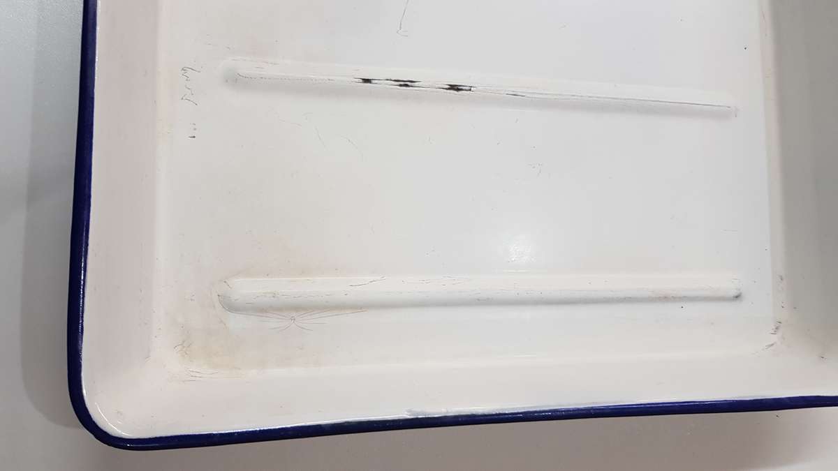 Vintage Enamel White with Blue trim Tray with lip for Photography.