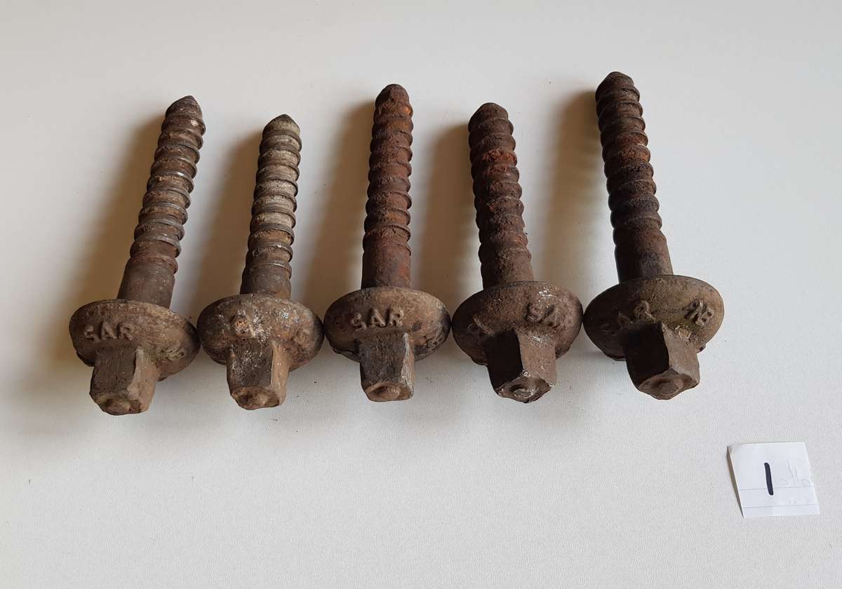 Vintage Railway Sleeper Bolts  Set of x 5 1975 SAR A & B Sleeper bolts. Marked SAR