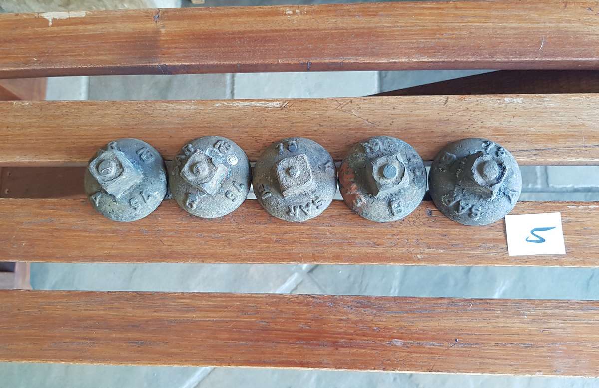 Vintage Railway Sleeper Bolts  Set of x 5 1975 SAR A & B Sleeper bolts. Marked SAR