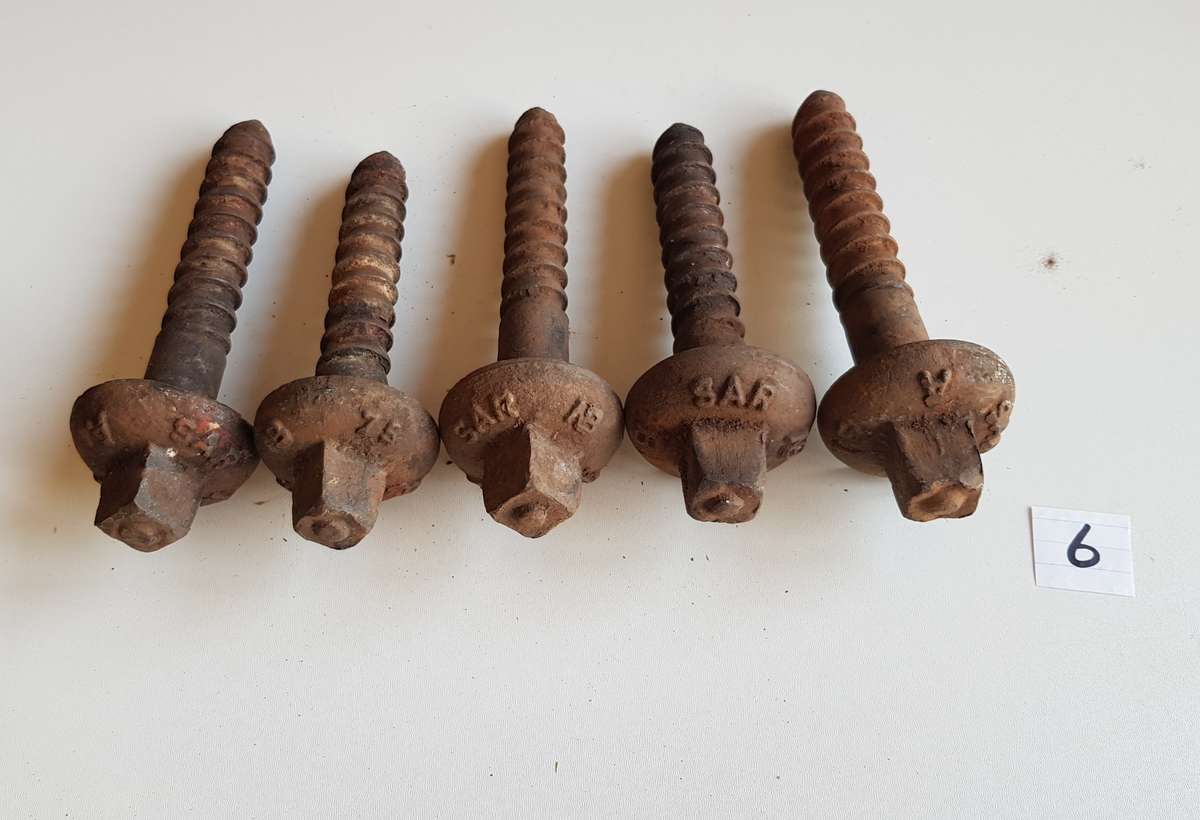 Vintage Railway Sleeper Bolts  Set of x 5 1975 SAR A & B Sleeper bolts. Marked SAR
