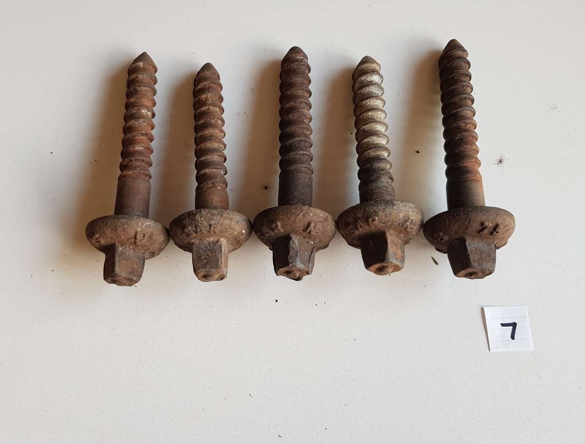 Vintage Railway Sleeper Bolts  Set of x 5 1975 SAR A & B Sleeper bolts. Marked SAR