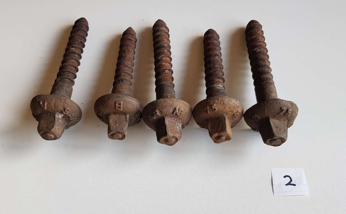 Vintage Railway Sleeper Bolts  Set of x 5 1975 SAR A & B Sleeper bolts. Marked SAR