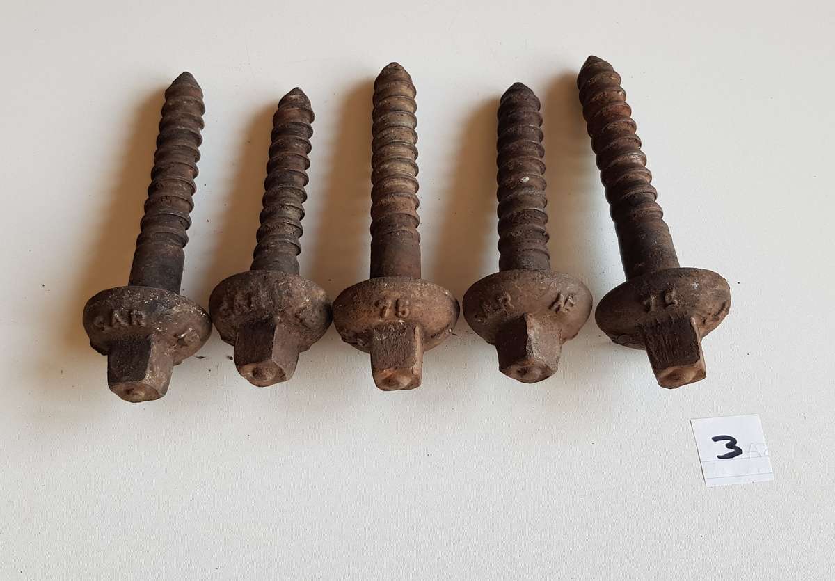 Vintage Railway Sleeper Bolts  Set of x 5 1975 SAR A & B Sleeper bolts. Marked SAR