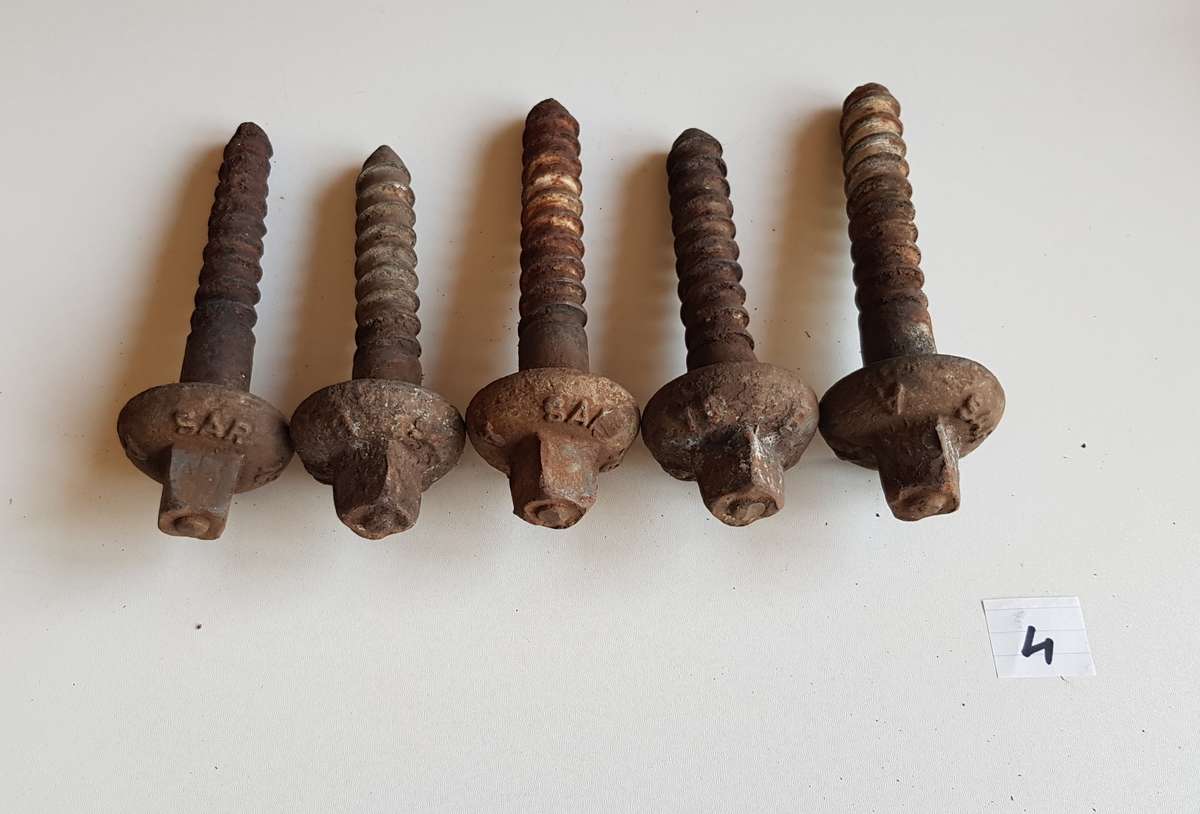 Vintage Railway Sleeper Bolts  Set of x 5 1975 SAR A & B Sleeper bolts. Marked SAR