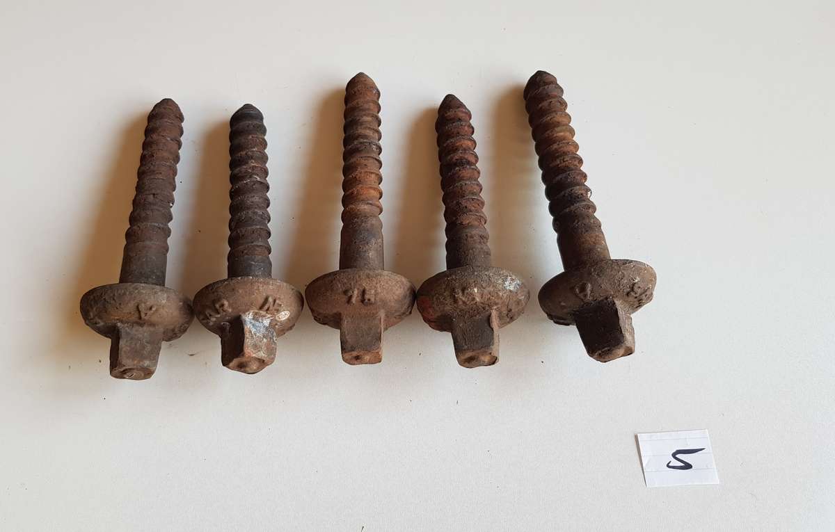 Vintage Railway Sleeper Bolts  Set of x 5 1975 SAR A & B Sleeper bolts. Marked SAR