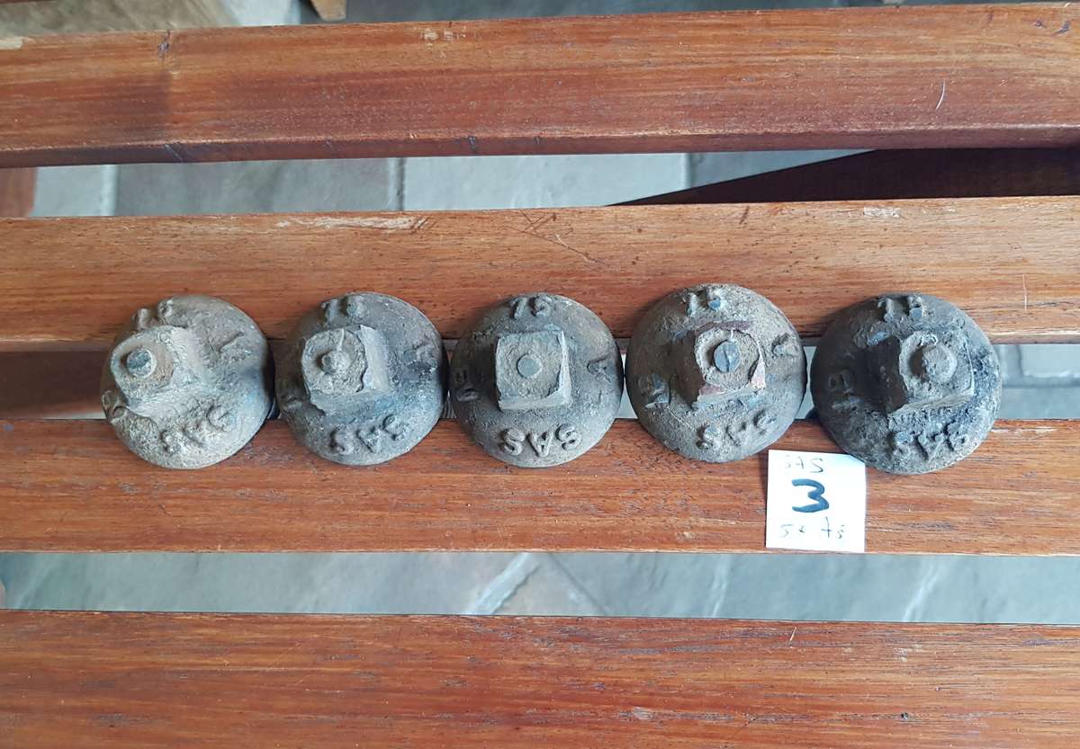 Vintage Railway Sleeper Bolts  Set of x 5 1975 SAS A Sleeper bolts. Marked SAS (Suid Afrikaanse Spo