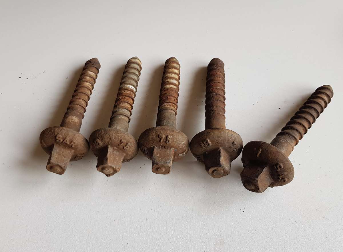 Vintage Railway Sleeper Bolts  Set of x 5 1975 SAR/SAS A Sleeper bolts. 4x are marked SAR