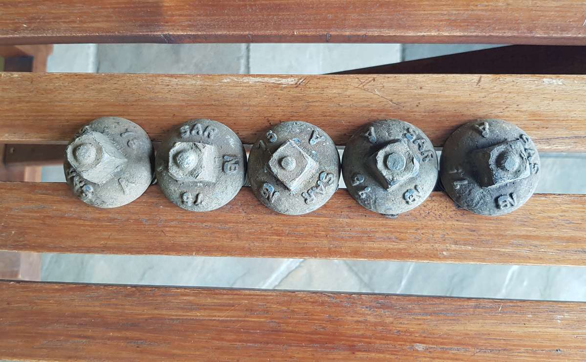 Vintage Railway Sleeper Bolts  Set of x 5 1975 SAR/SAS A Sleeper bolts. 4x are marked SAR