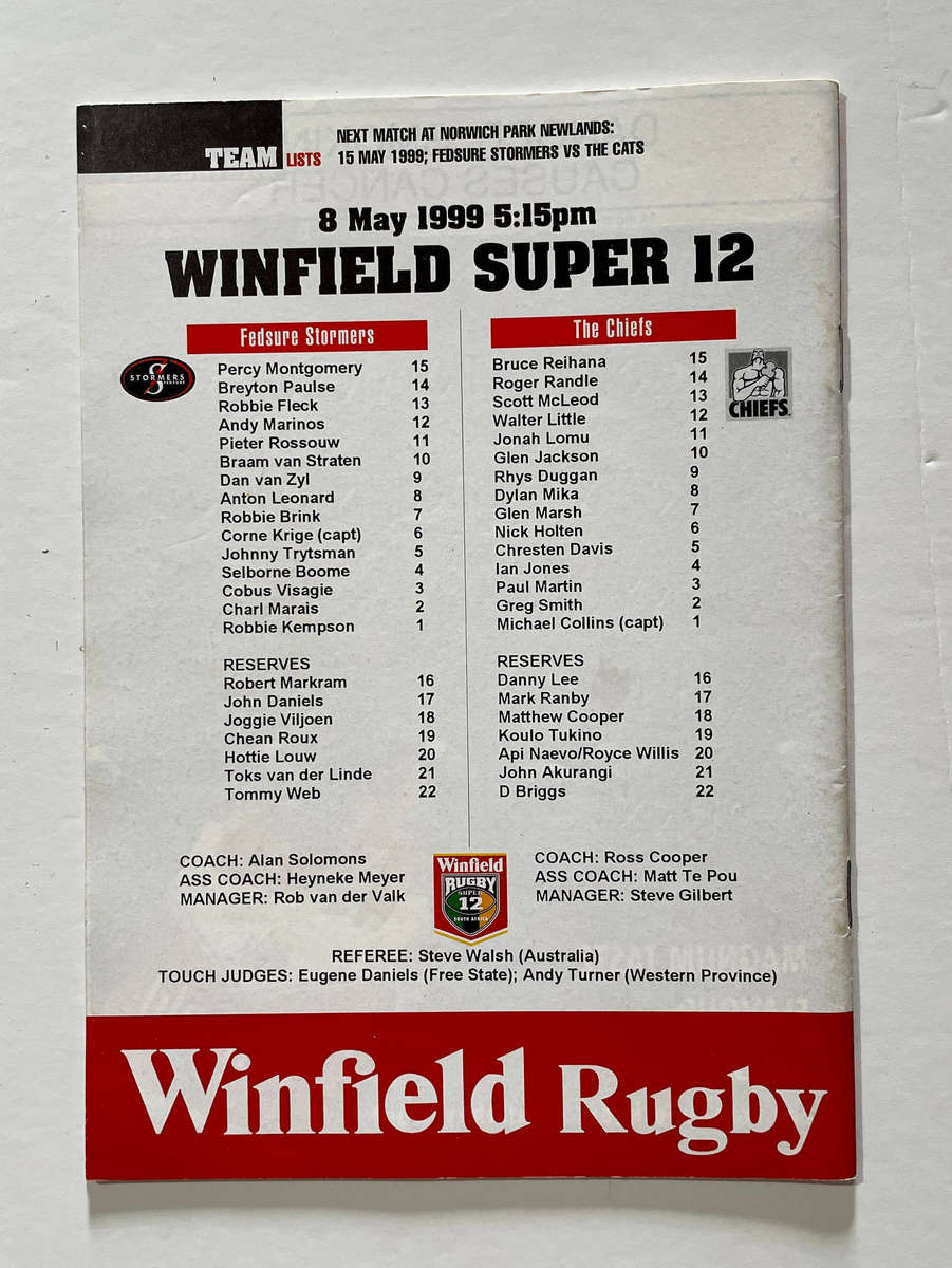 Fedsure Stormers vs ... 4 Programmes 1999 Super 12 incl Semi-final