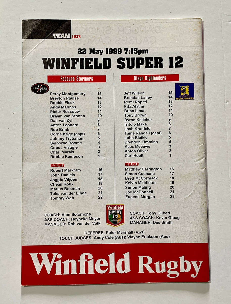 Fedsure Stormers vs ... 4 Programmes 1999 Super 12 incl Semi-final