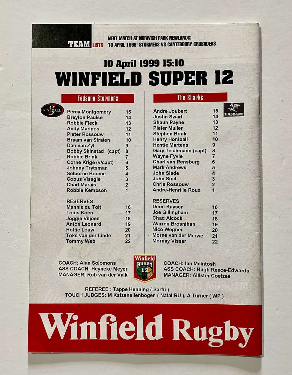 Fedsure Stormers vs ... 4 Programmes 1999 Super 12 incl Semi-final