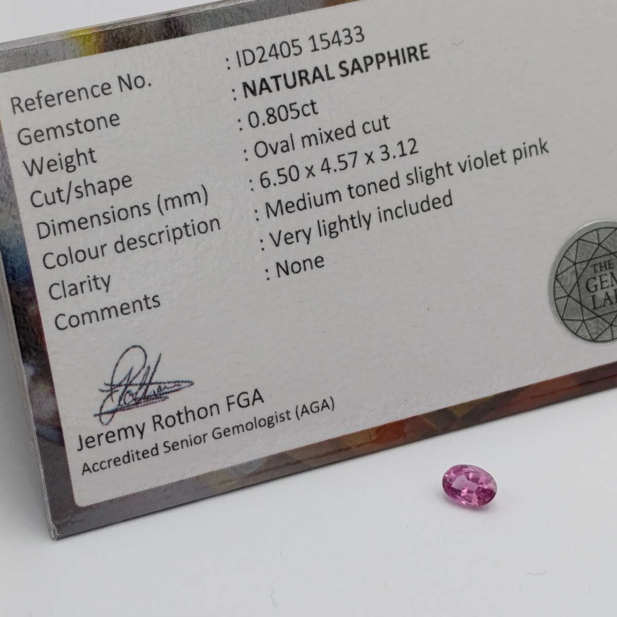 Natural slight violet pink sapphire oval mixed cut 0.81 carat with Gemlab certificate