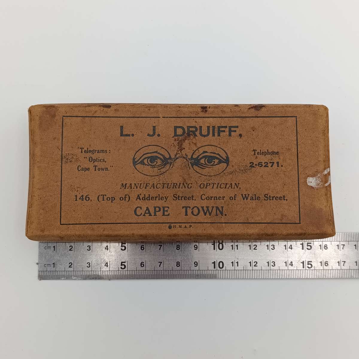 Pair of LJ Druiff Cape Town optician delivery boxes - vintage