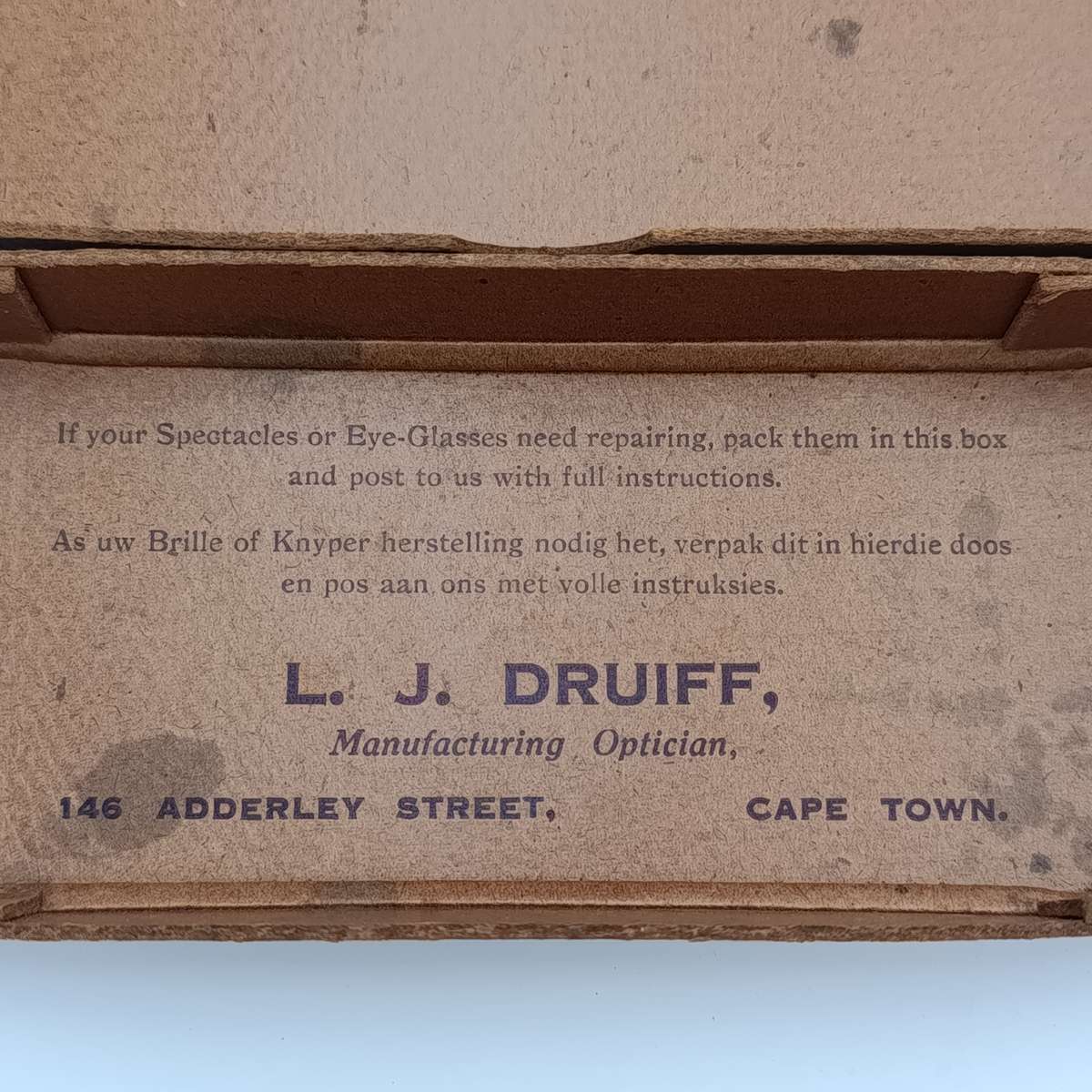 Pair of LJ Druiff Cape Town optician delivery boxes - vintage