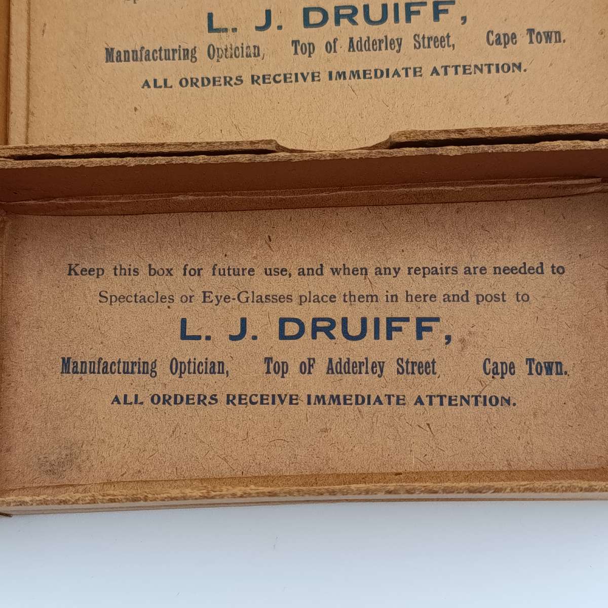 Pair of LJ Druiff Cape Town optician delivery boxes - vintage