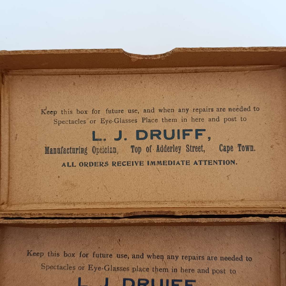 Pair of LJ Druiff Cape Town optician delivery boxes - vintage
