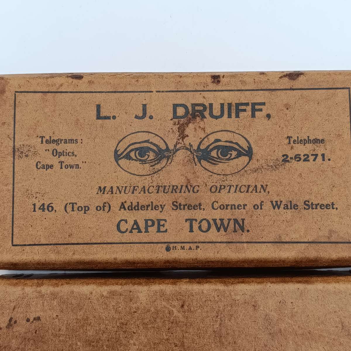 Pair of LJ Druiff Cape Town optician delivery boxes - vintage