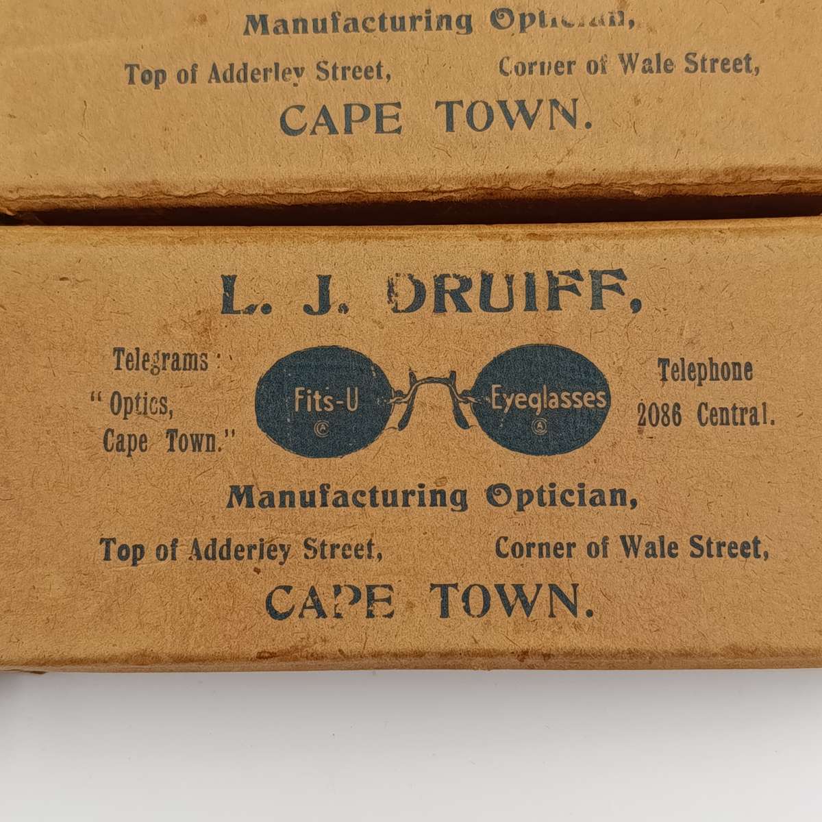 Pair of LJ Druiff Cape Town optician delivery boxes - vintage