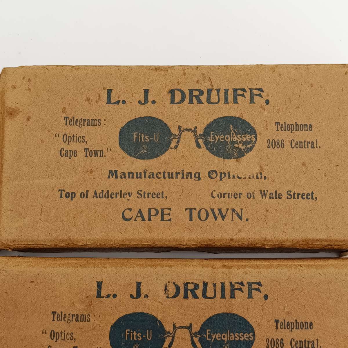 Pair of LJ Druiff Cape Town optician delivery boxes - vintage