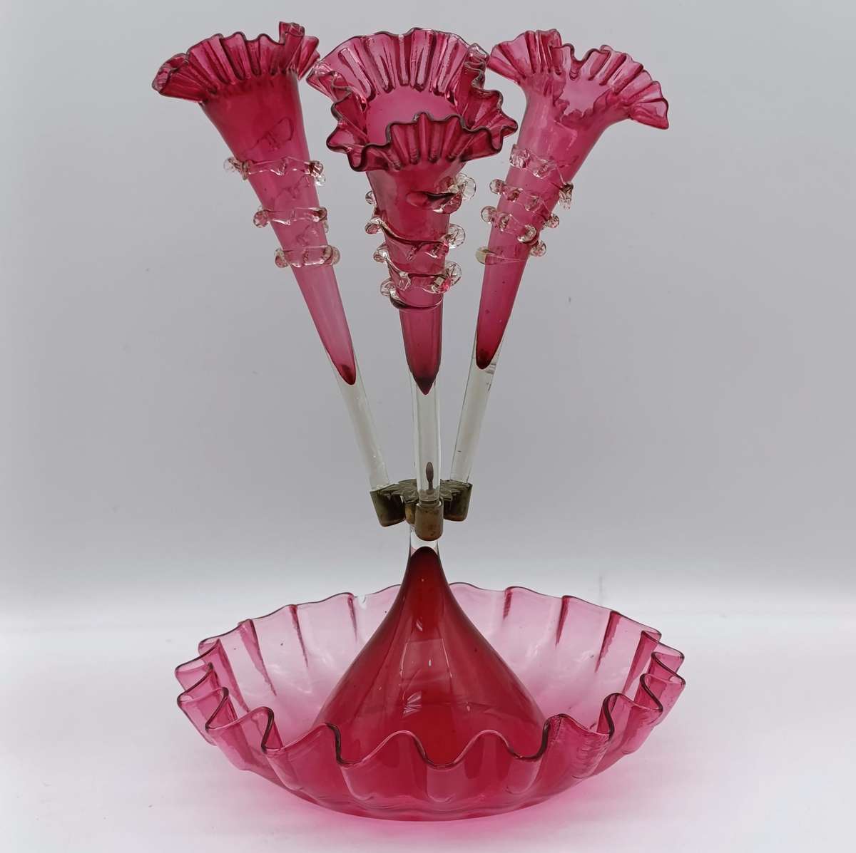 Antique Victorian Cranberry glass epergne - circa 1880 - small decoration leaf piece missing