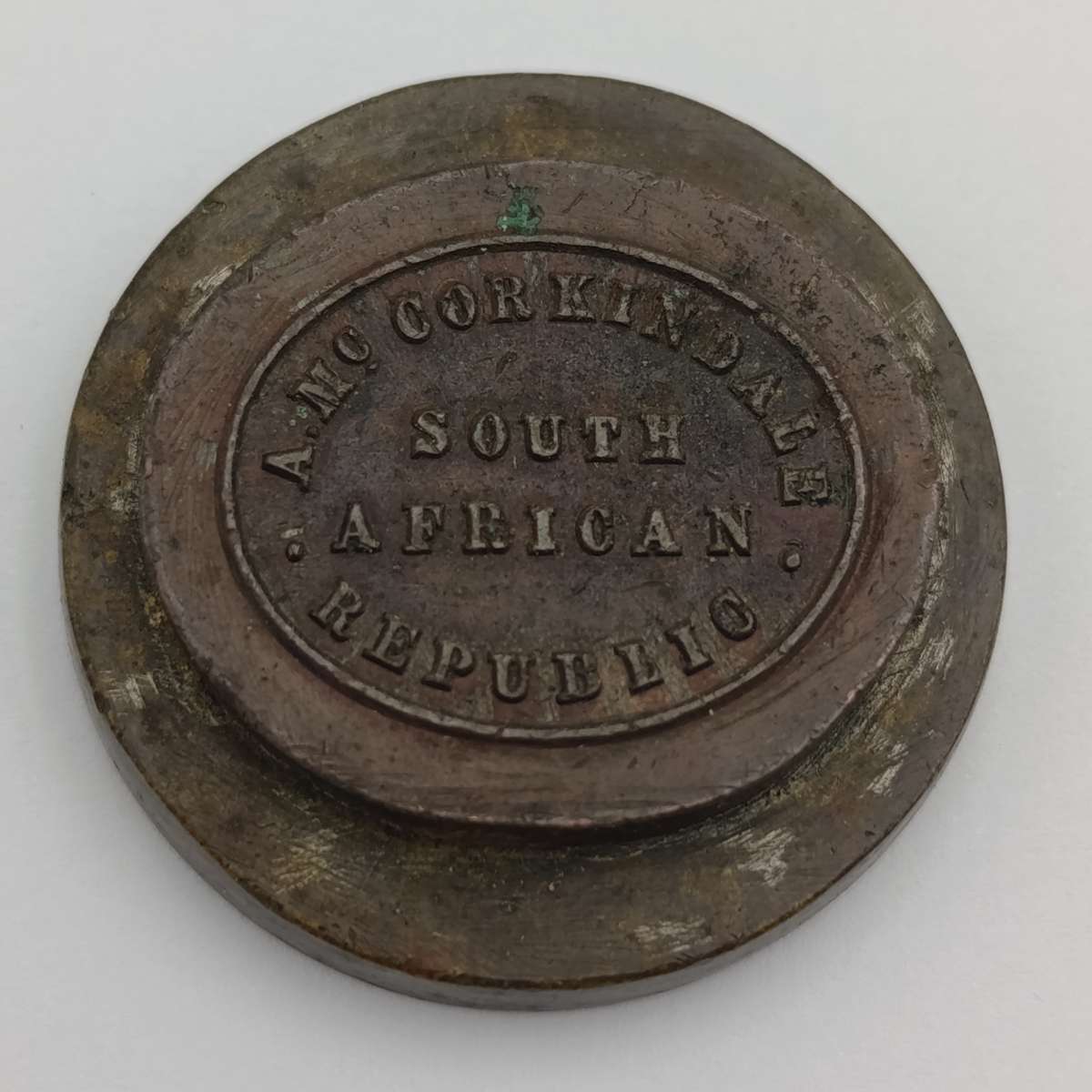 Copper disk inscribed A. McCorkindale South Africa Republic
