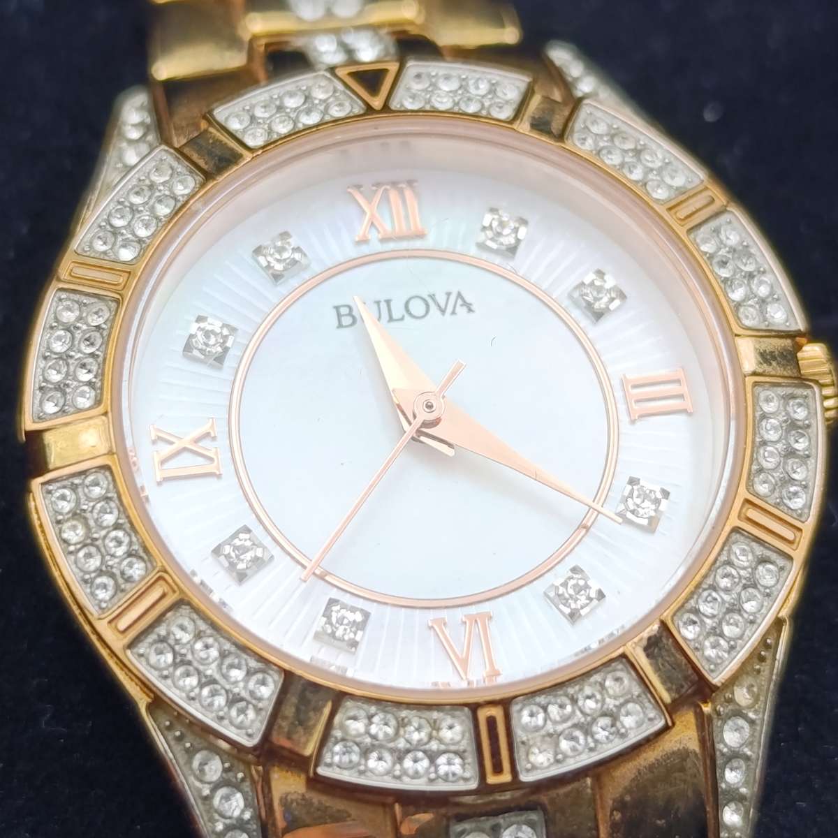 Bulova rose tone crystal ladies watch in box