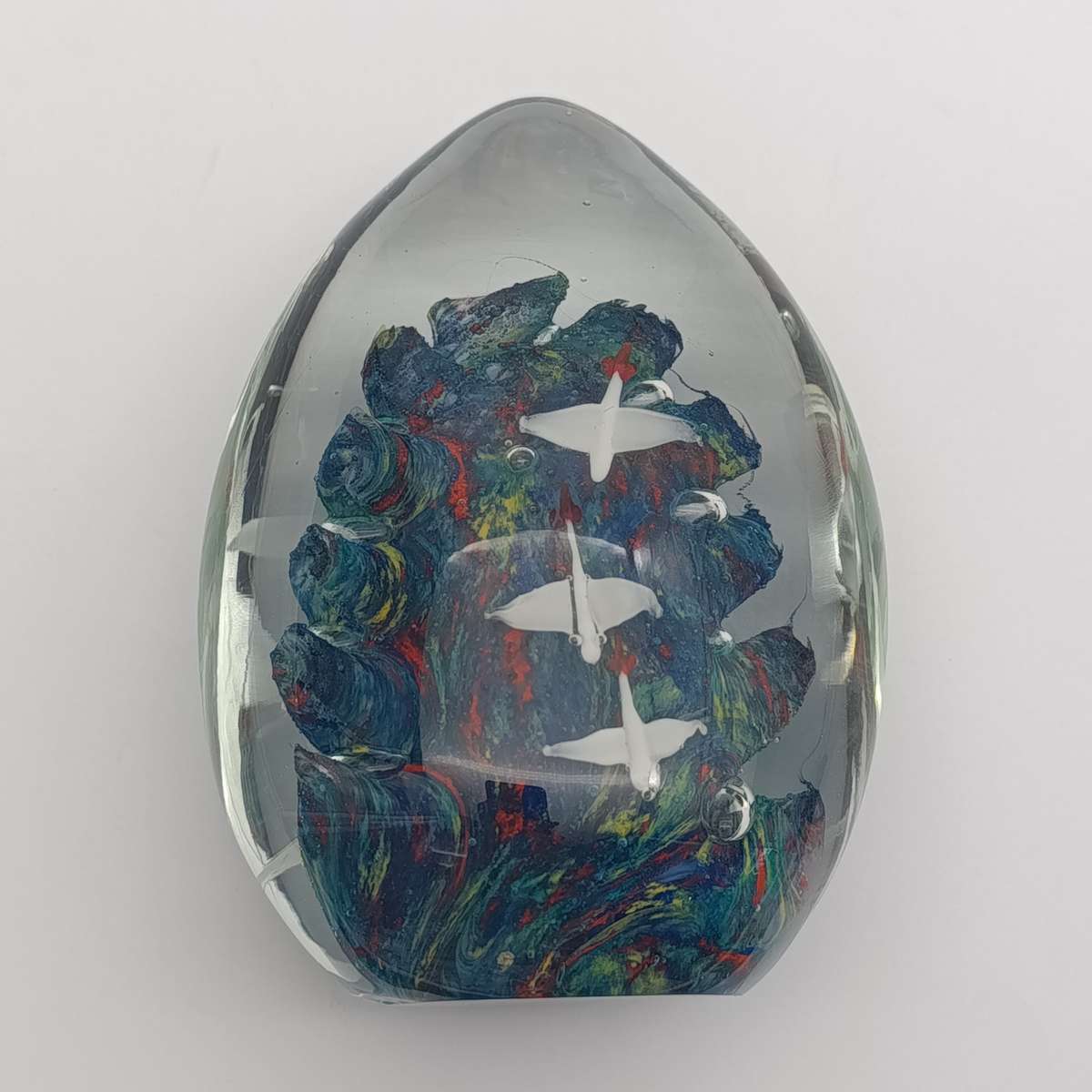 Vintage glass Paper weight with Colourful ocean and flying ducks
