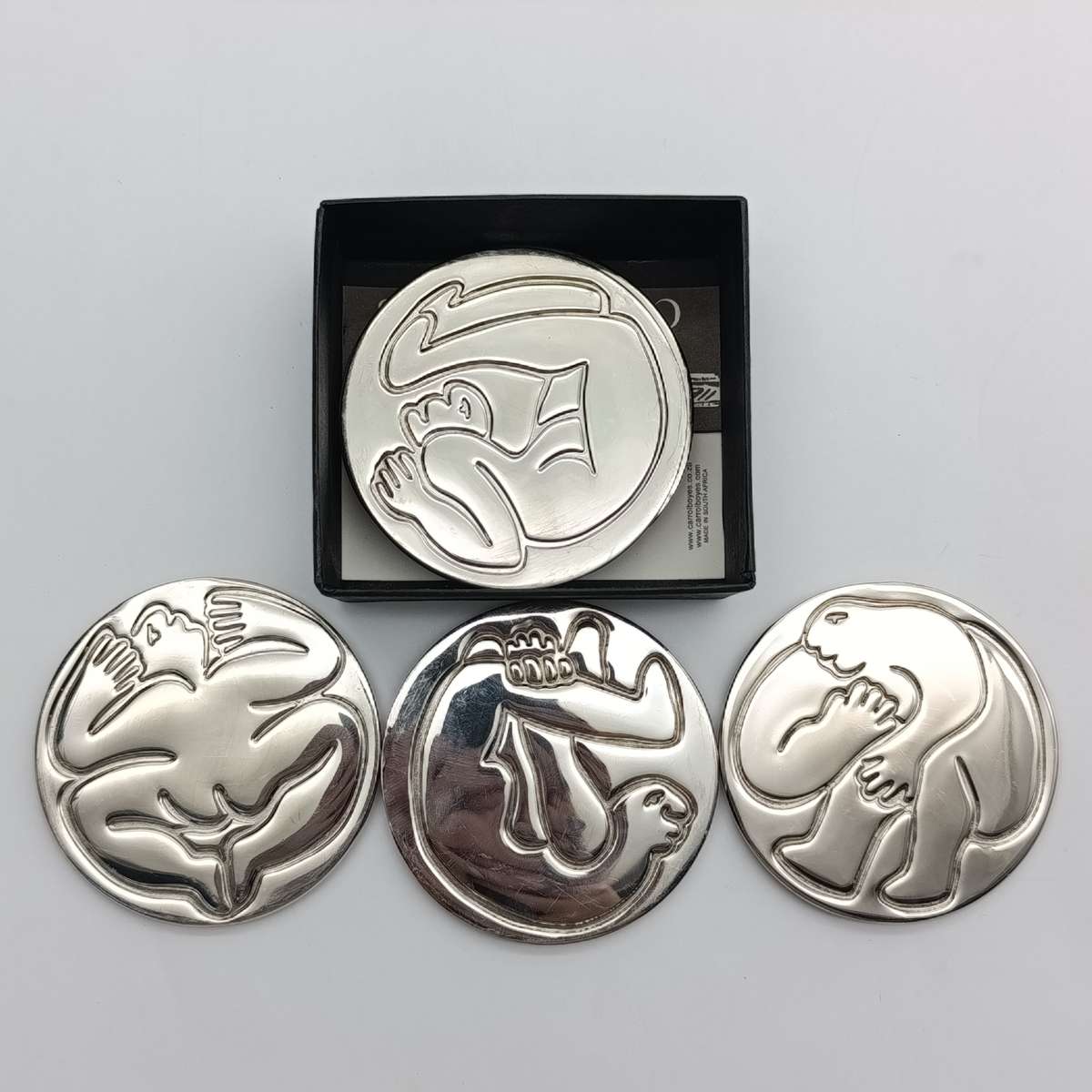 Set of 6 Carrol Boyes stainless steel wine coasters - in original box