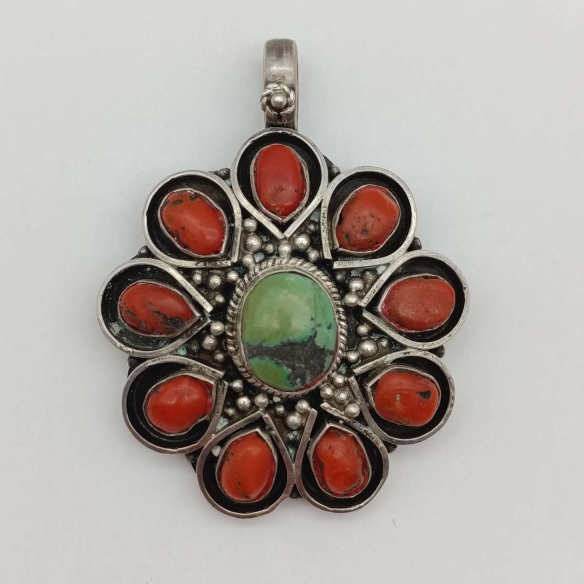 Sterling SIlver pendant with turquoise and red coral stone - weighs 29.1 grams