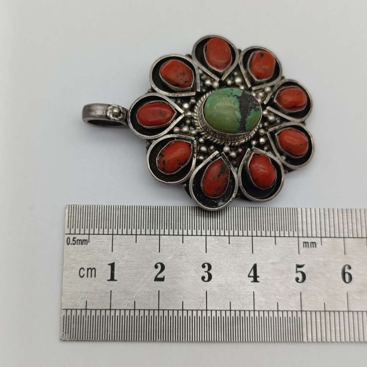 Sterling SIlver pendant with turquoise and red coral stone - weighs 29.1 grams