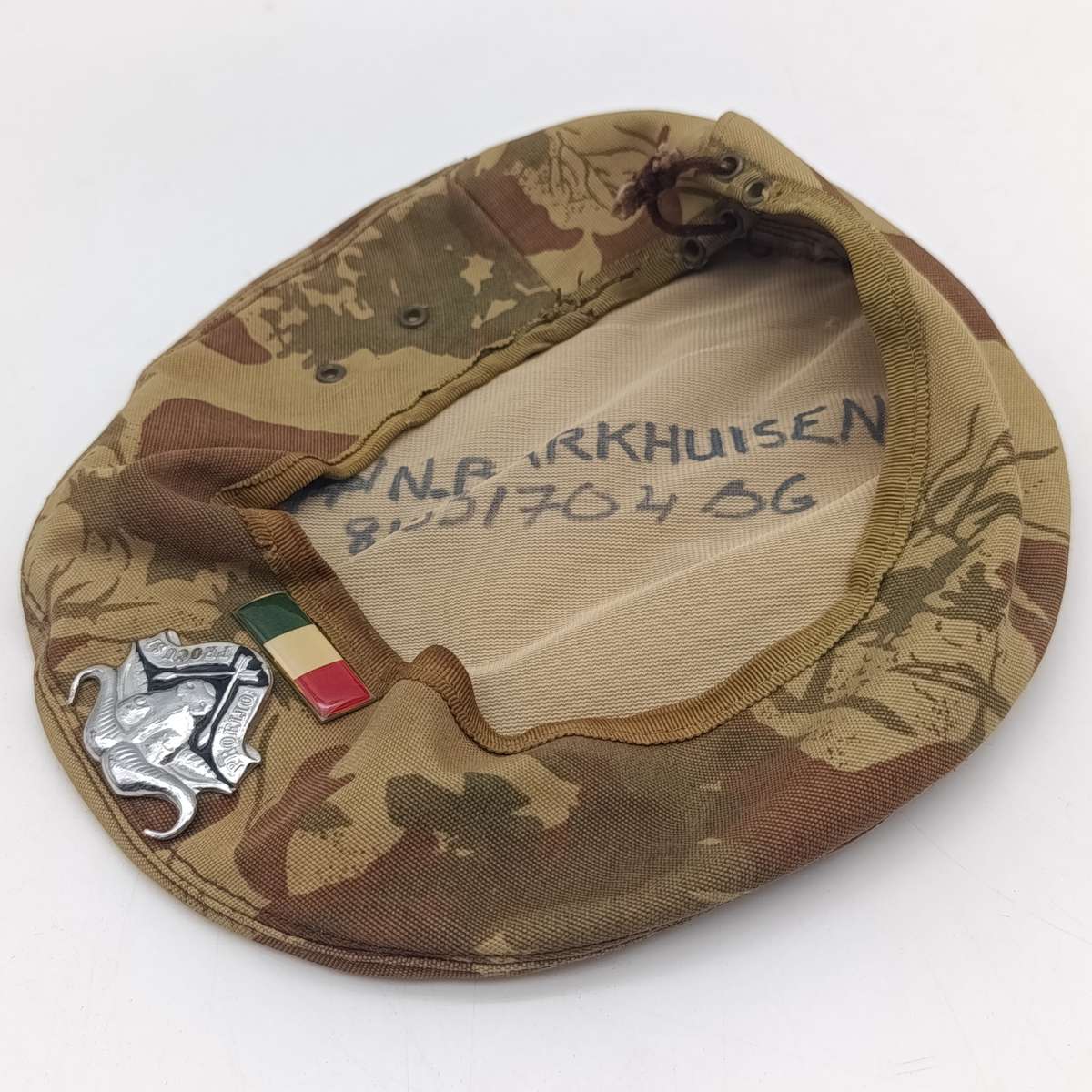 SADF 32 Battalion beret with badges of 2/cpl Barkhuisen of military Intellegence - camo faded