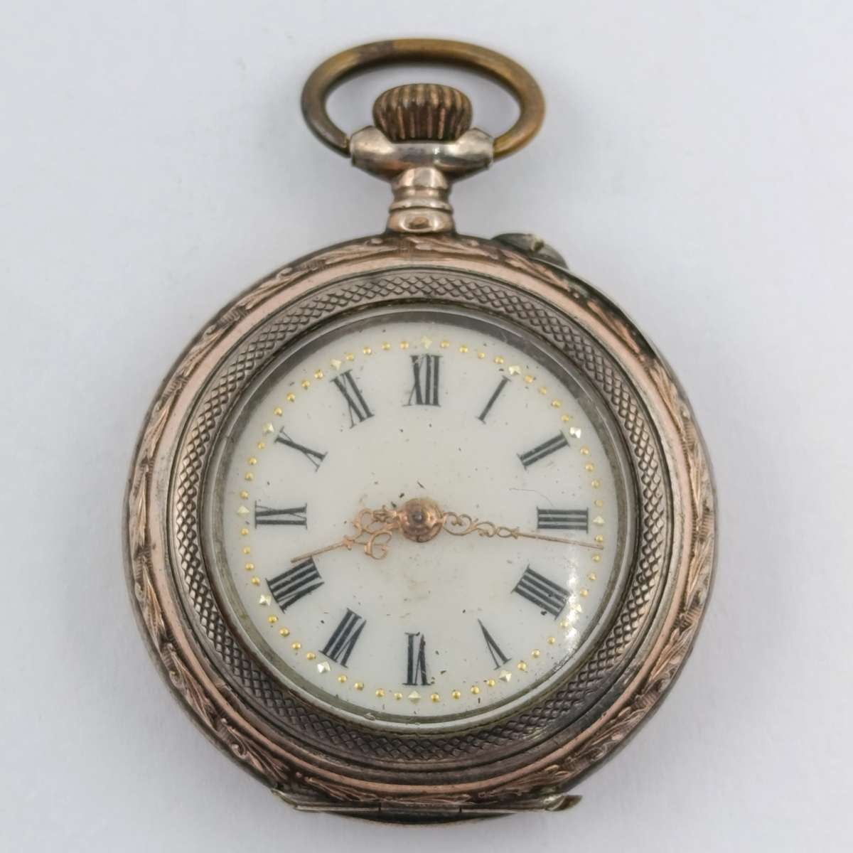 Antique 800 Silver ladies pocketwatch with gold decoration - runs and stops