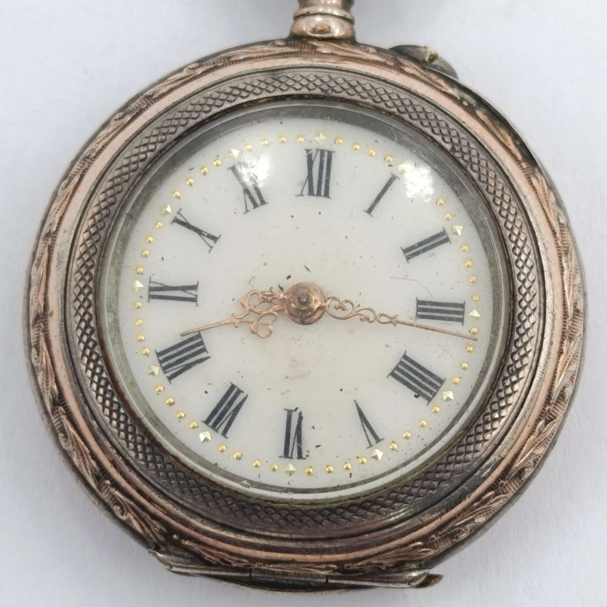 Antique 800 Silver ladies pocketwatch with gold decoration - runs and stops
