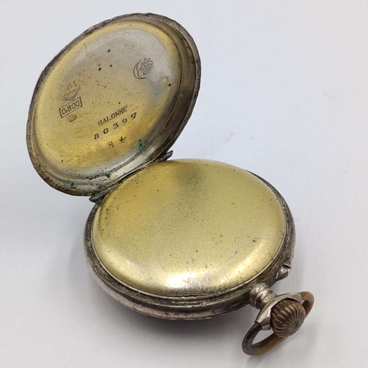 Antique 800 Silver ladies pocketwatch with gold decoration - runs and stops