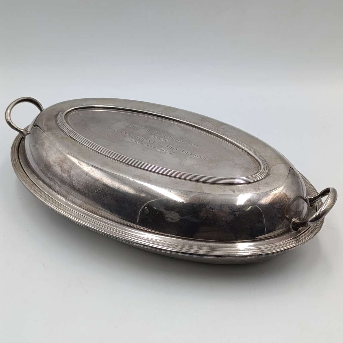 Vintage Rhodesian silverplated serving bowl with lid given to Lt. Col. A.M Oscroft by The President