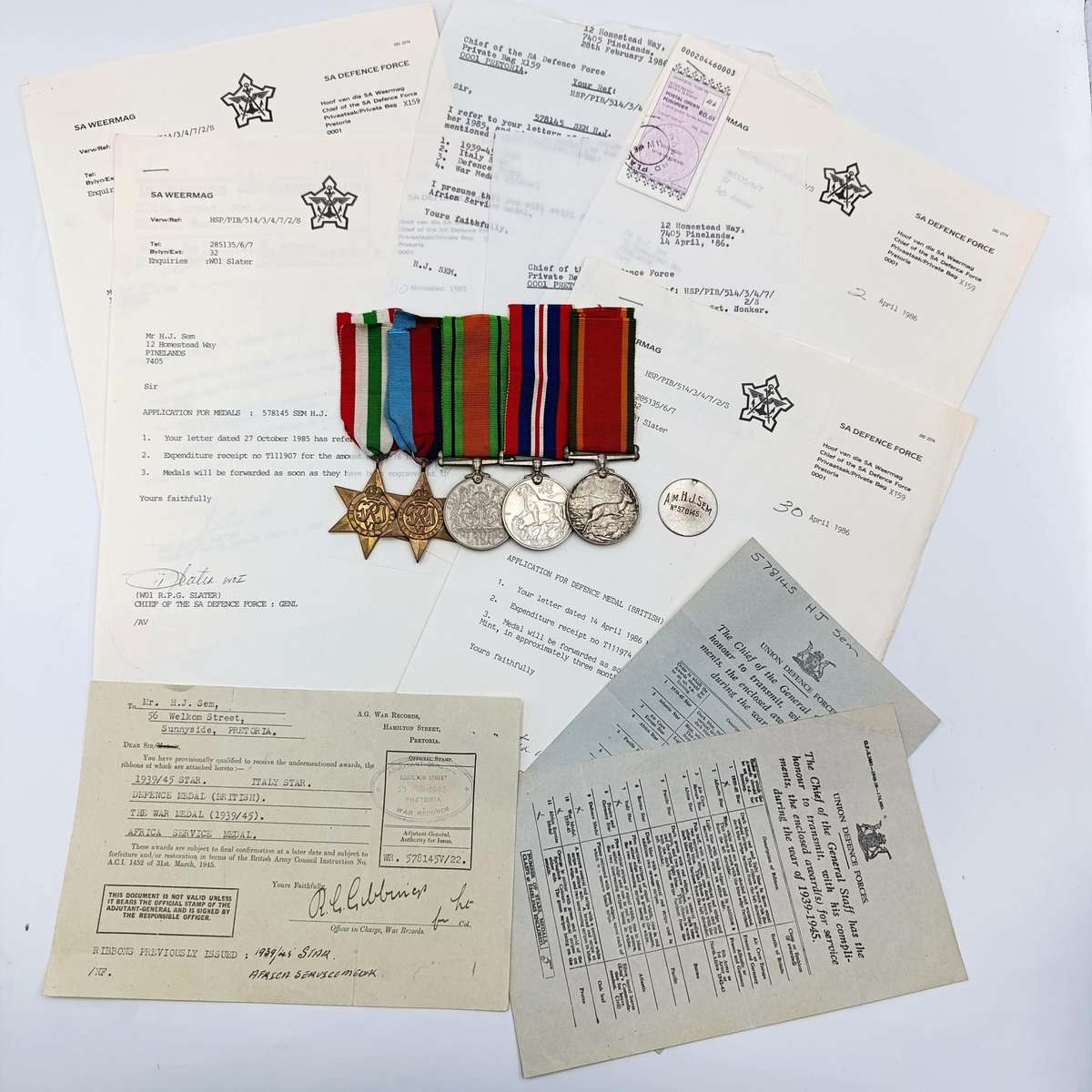 Set of 5 WW2 medals issued to 578145 HJ. Sem - with documents