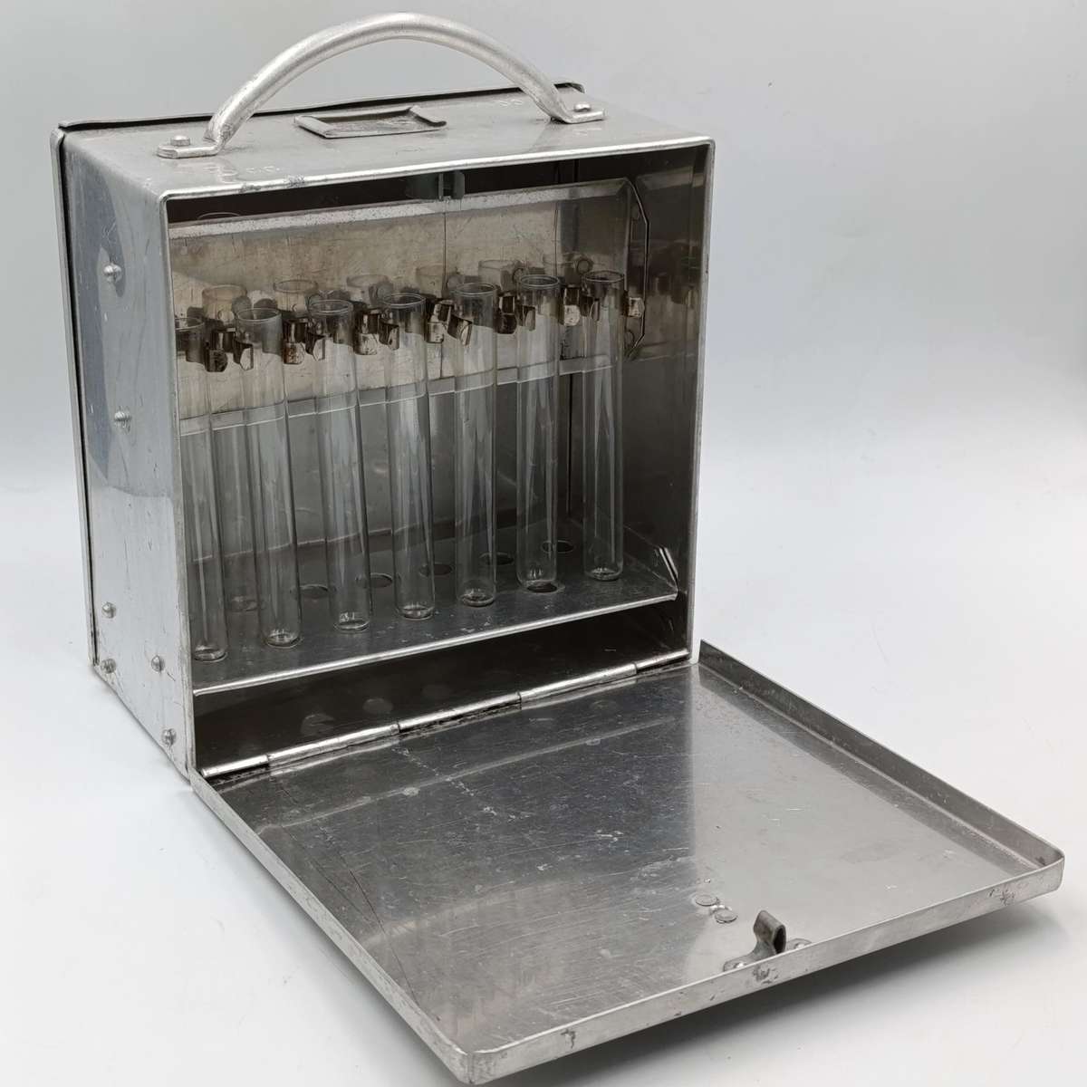 Vintage R.B Turner and Co. aluminium carry case with glass tubes
