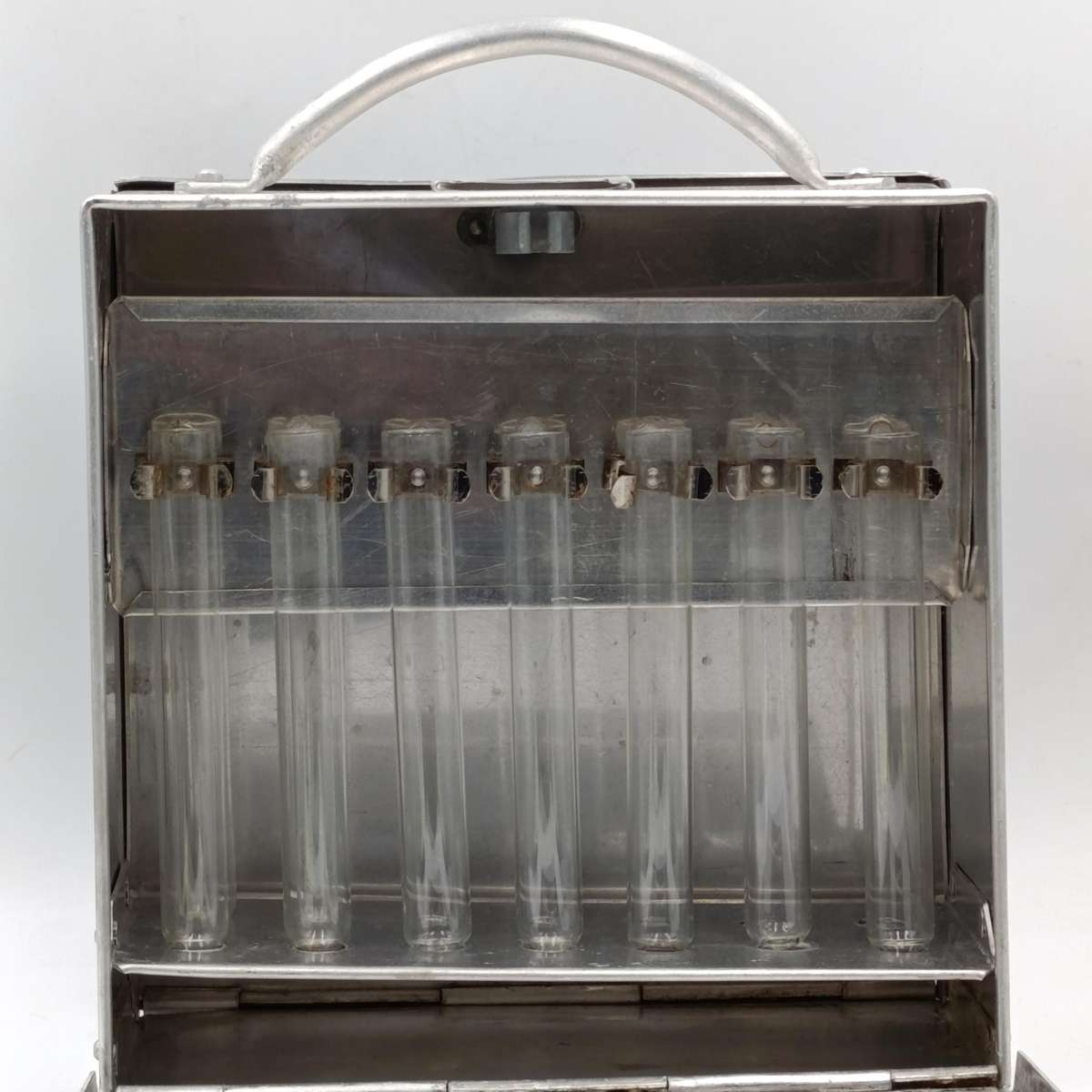 Vintage R.B Turner and Co. aluminium carry case with glass tubes