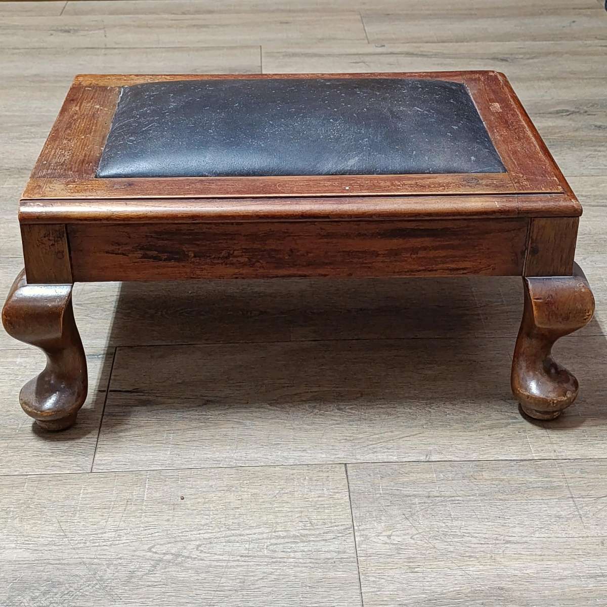 Vintage Leather and wood footstool ottoman