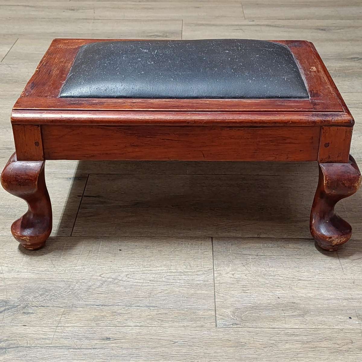 Vintage Leather and wood footstool ottoman